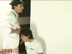 Sweet curly boy attacked by horny gay prison guard